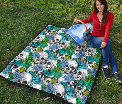 Green Blue Flowers Skull Pattern Print Quilt