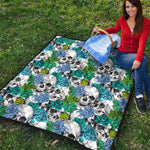 Green Blue Flowers Skull Pattern Print Quilt
