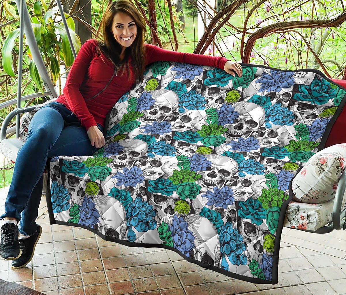Green Blue Flowers Skull Pattern Print Quilt
