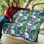 Green Blue Flowers Skull Pattern Print Quilt