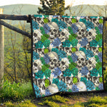 Green Blue Flowers Skull Pattern Print Quilt