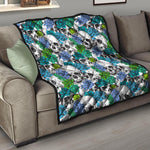 Green Blue Flowers Skull Pattern Print Quilt