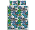 Green Blue Flowers Skull Pattern Print Quilt Bed Set