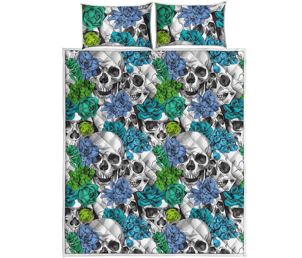 Green Blue Flowers Skull Pattern Print Quilt Bed Set