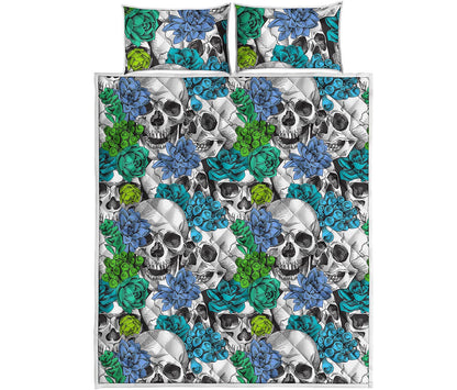 Green Blue Flowers Skull Pattern Print Quilt Bed Set