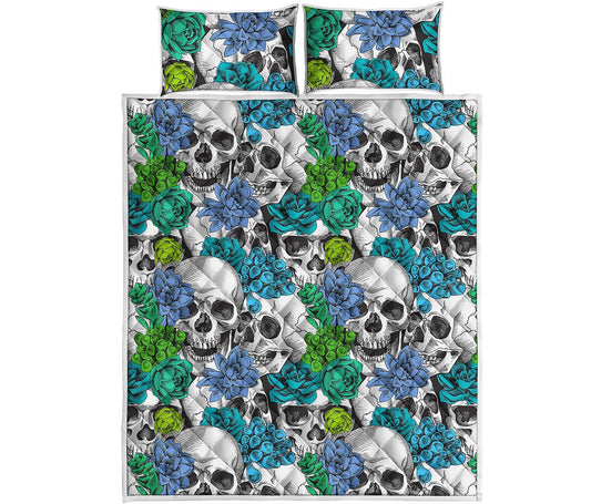 Green Blue Flowers Skull Pattern Print Quilt Bed Set
