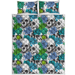 Green Blue Flowers Skull Pattern Print Quilt Bed Set