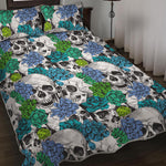 Green Blue Flowers Skull Pattern Print Quilt Bed Set
