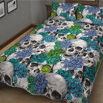 Green Blue Flowers Skull Pattern Print Quilt Bed Set