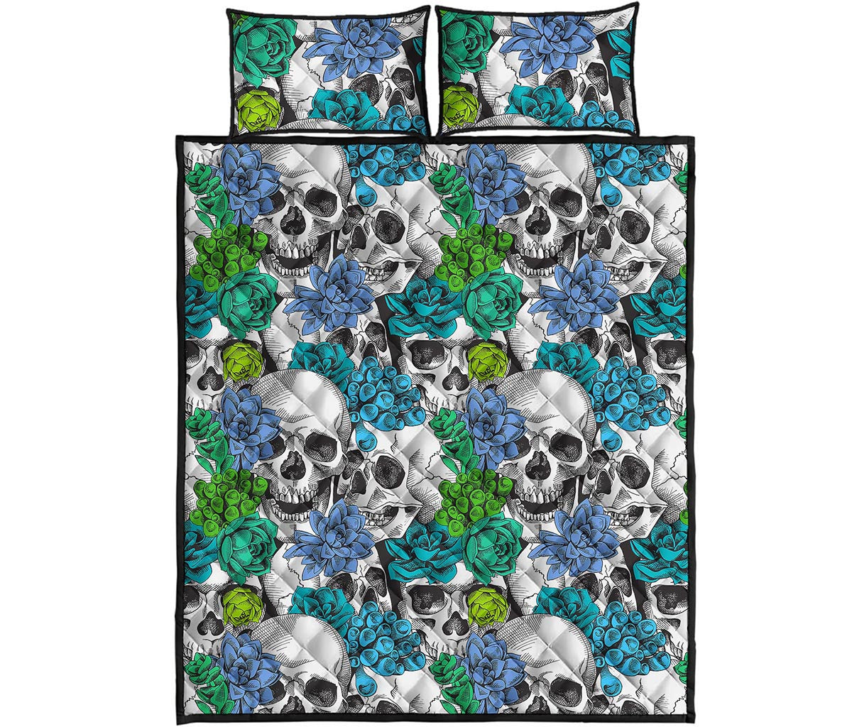 Green Blue Flowers Skull Pattern Print Quilt Bed Set