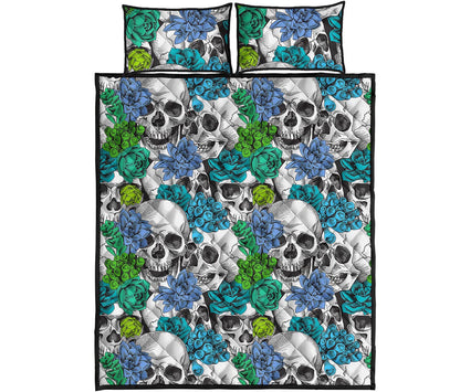 Green Blue Flowers Skull Pattern Print Quilt Bed Set