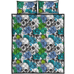 Green Blue Flowers Skull Pattern Print Quilt Bed Set