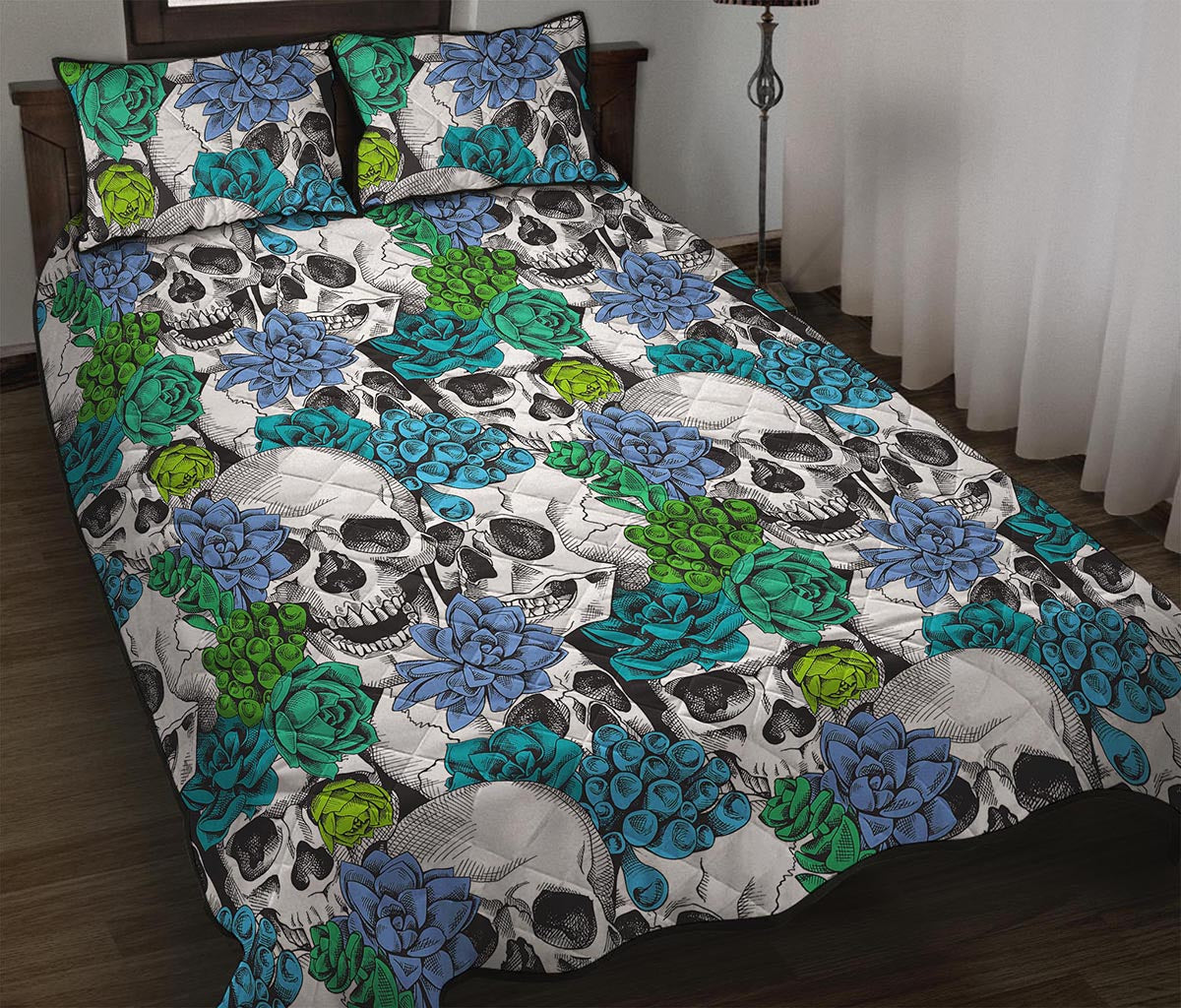 Green Blue Flowers Skull Pattern Print Quilt Bed Set