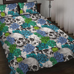 Green Blue Flowers Skull Pattern Print Quilt Bed Set
