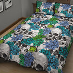Green Blue Flowers Skull Pattern Print Quilt Bed Set