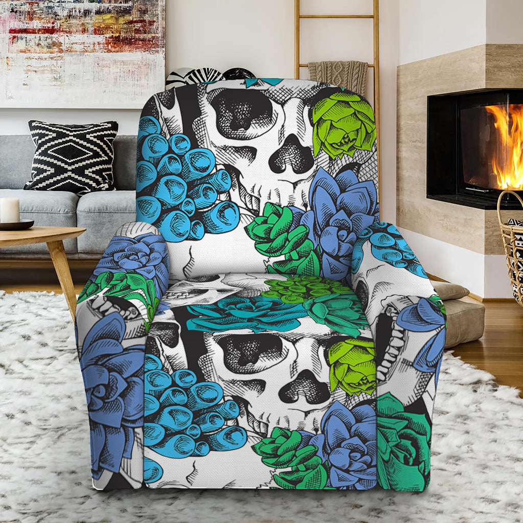 Green Blue Flowers Skull Pattern Print Recliner Slipcover