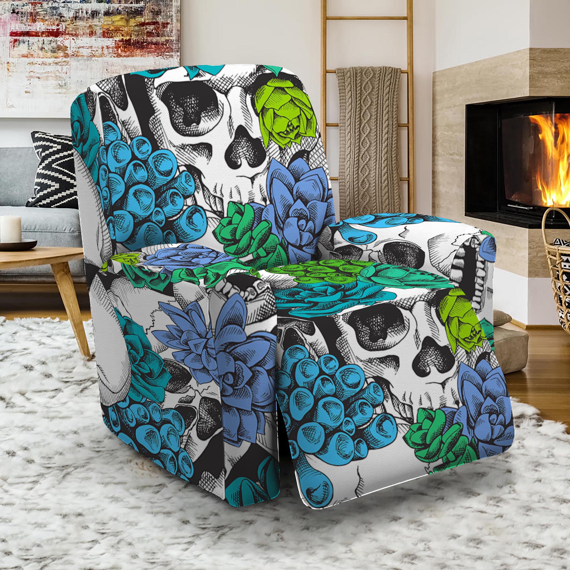 Green Blue Flowers Skull Pattern Print Recliner Slipcover