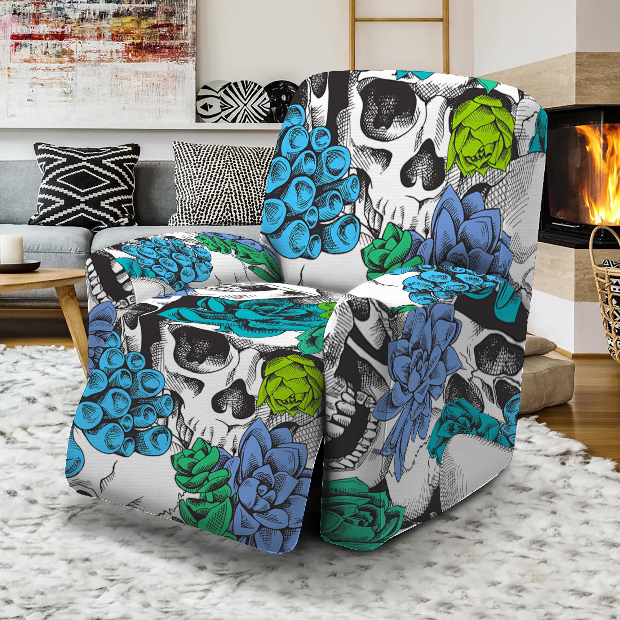 Green Blue Flowers Skull Pattern Print Recliner Slipcover