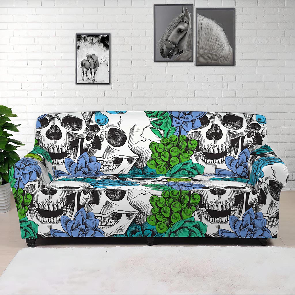 Green Blue Flowers Skull Pattern Print Sofa Cover