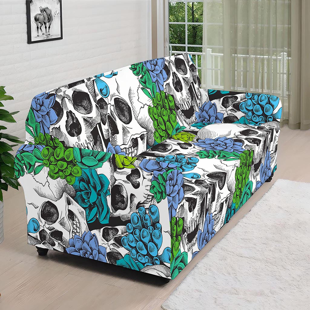 Green Blue Flowers Skull Pattern Print Sofa Cover