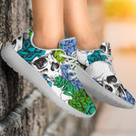 Green Blue Flowers Skull Pattern Print Sport Shoes GearFrost