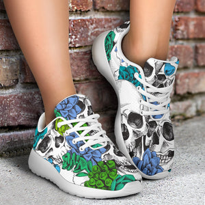 Green Blue Flowers Skull Pattern Print Sport Shoes GearFrost