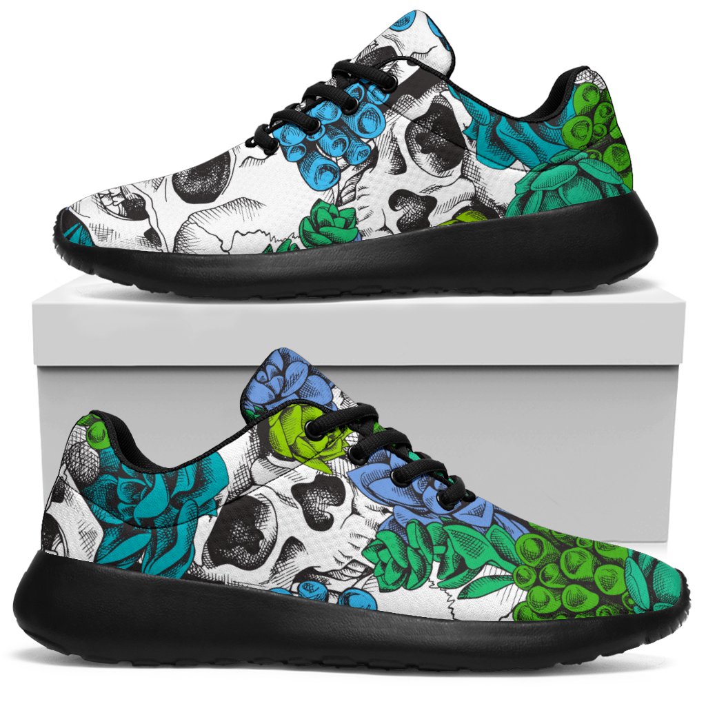 Green Blue Flowers Skull Pattern Print Sport Shoes GearFrost