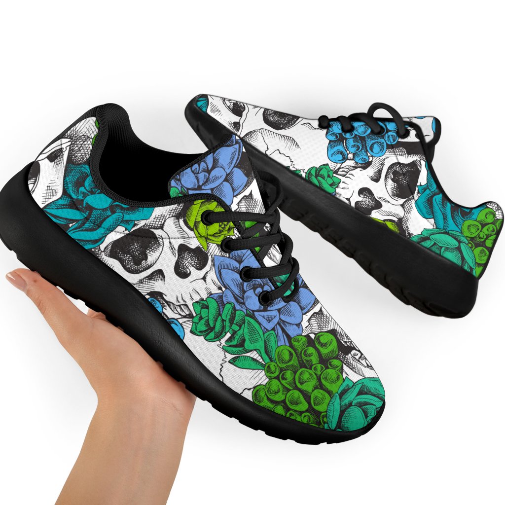 Green Blue Flowers Skull Pattern Print Sport Shoes GearFrost