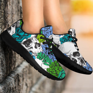 Green Blue Flowers Skull Pattern Print Sport Shoes GearFrost