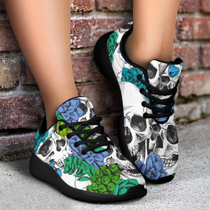 Green Blue Flowers Skull Pattern Print Sport Shoes GearFrost