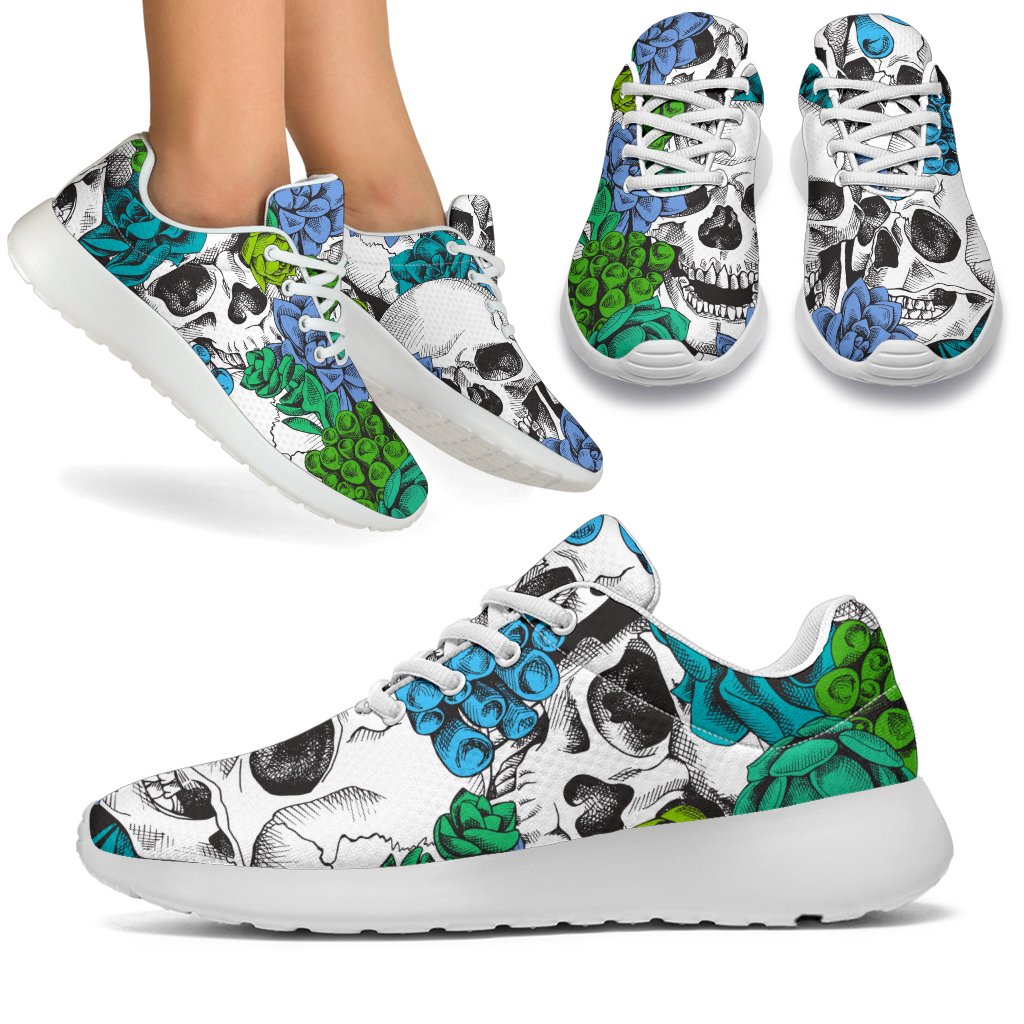 Green Blue Flowers Skull Pattern Print Sport Shoes GearFrost