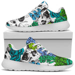 Green Blue Flowers Skull Pattern Print Sport Shoes GearFrost