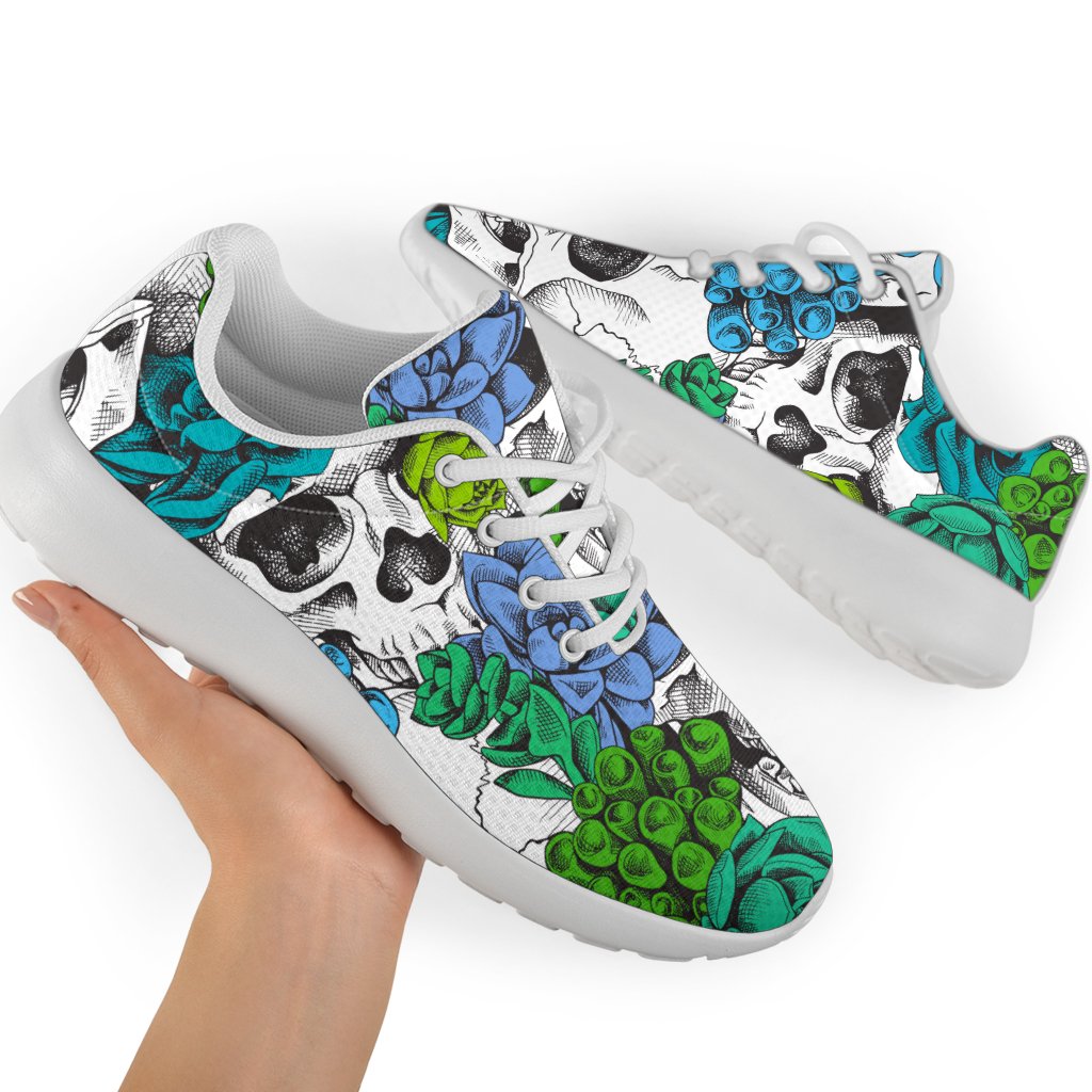 Green Blue Flowers Skull Pattern Print Sport Shoes GearFrost