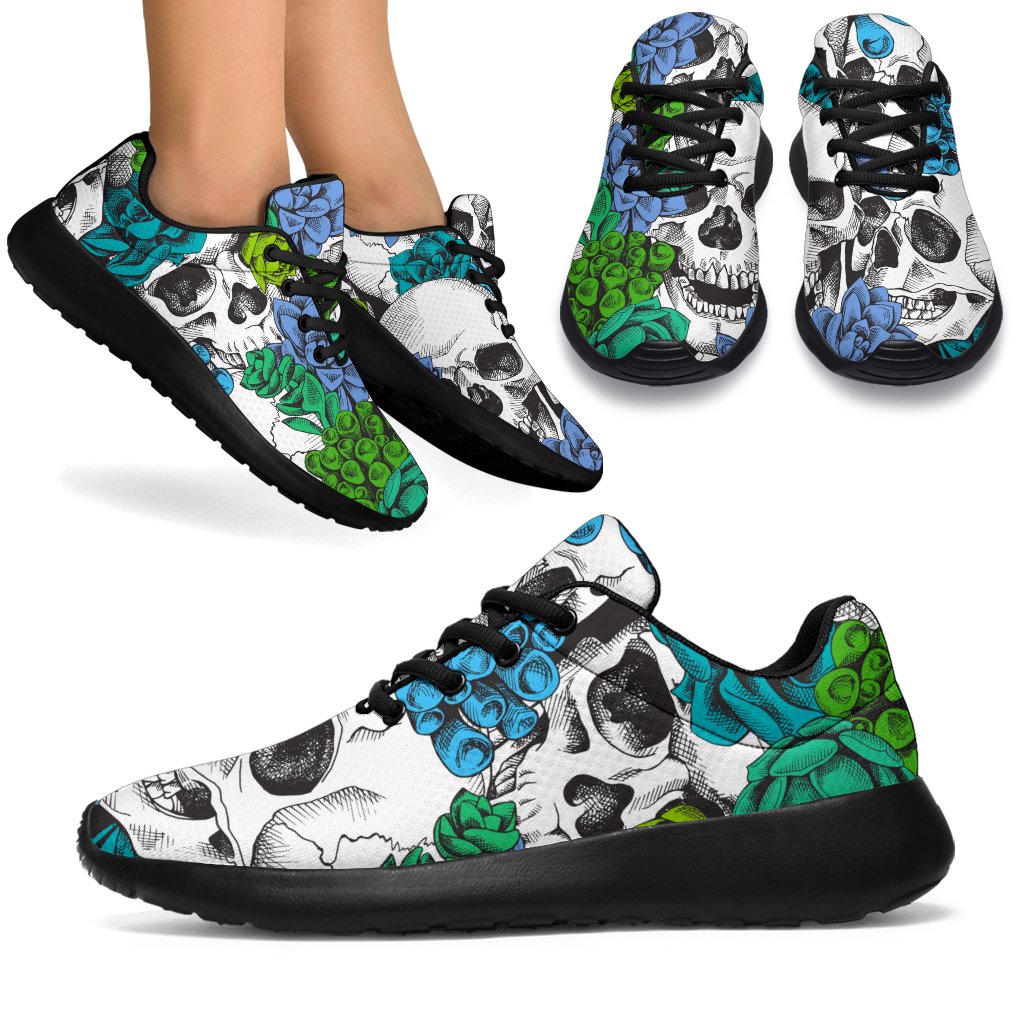 Green Blue Flowers Skull Pattern Print Sport Shoes GearFrost