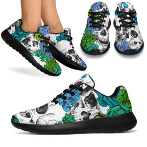 Green Blue Flowers Skull Pattern Print Sport Shoes GearFrost