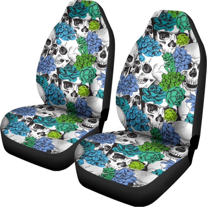 Green Blue Flowers Skull Pattern Print Universal Fit Car Seat Covers