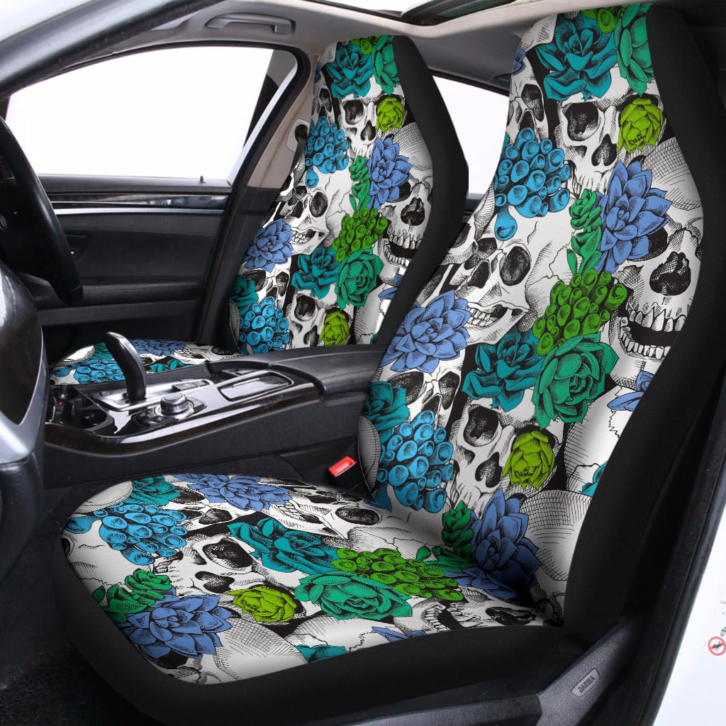 Green Blue Flowers Skull Pattern Print Universal Fit Car Seat Covers