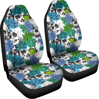 Green Blue Flowers Skull Pattern Print Universal Fit Car Seat Covers