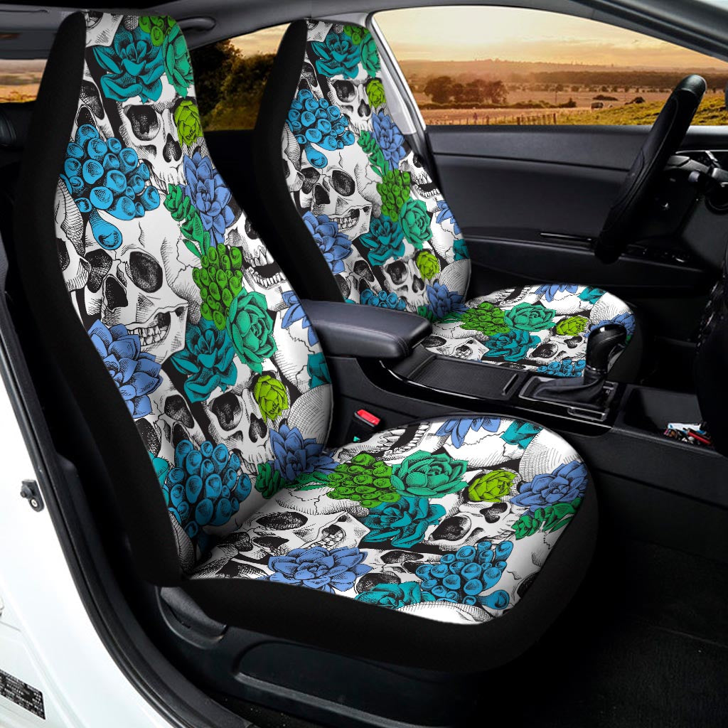 Green Blue Flowers Skull Pattern Print Universal Fit Car Seat Covers