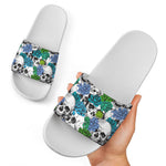 Green Blue Flowers Skull Pattern Print White Slide Sandals