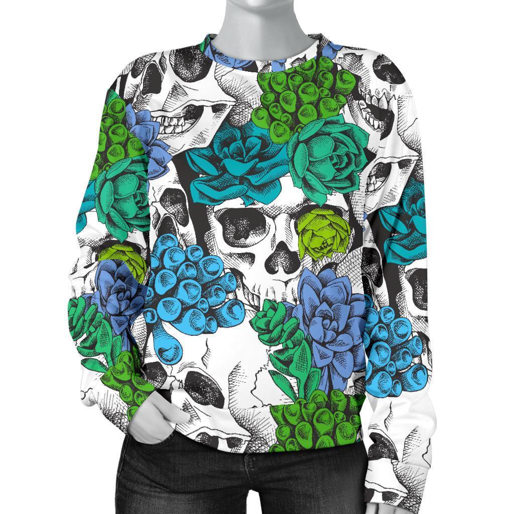 Green Blue Flowers Skull Pattern Print Women's Crewneck Sweatshirt GearFrost