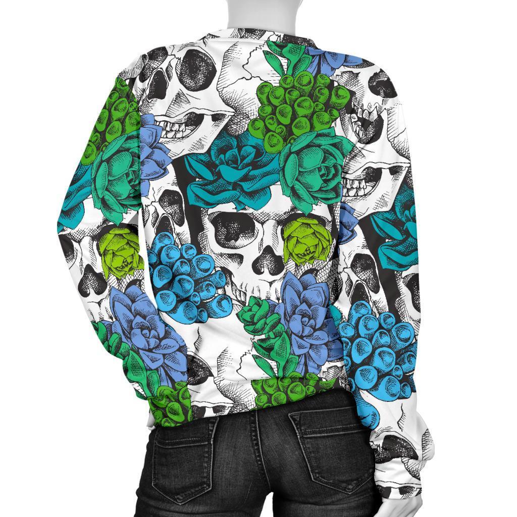 Green Blue Flowers Skull Pattern Print Women's Crewneck Sweatshirt GearFrost