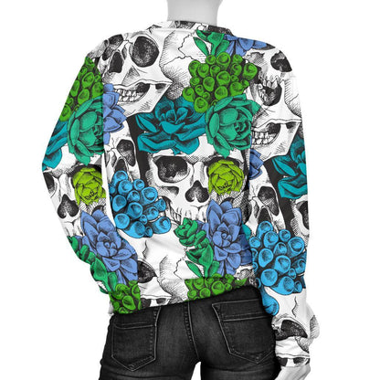 Green Blue Flowers Skull Pattern Print Women's Crewneck Sweatshirt GearFrost