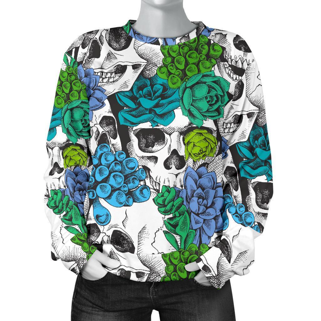 Green Blue Flowers Skull Pattern Print Women's Crewneck Sweatshirt GearFrost