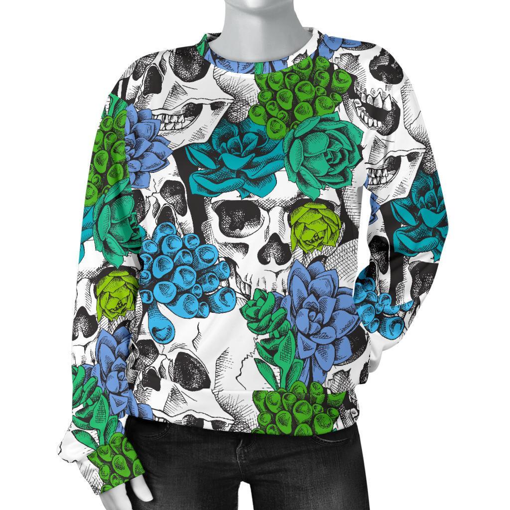 Green Blue Flowers Skull Pattern Print Women's Crewneck Sweatshirt GearFrost