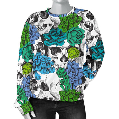 Green Blue Flowers Skull Pattern Print Women's Crewneck Sweatshirt GearFrost