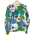 Green Blue Flowers Skull Pattern Print Women's Crewneck Sweatshirt