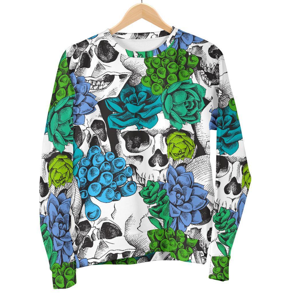 Green Blue Flowers Skull Pattern Print Women's Crewneck Sweatshirt GearFrost