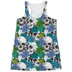 Green Blue Flowers Skull Pattern Print Women's Racerback Tank Top