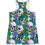 Green Blue Flowers Skull Pattern Print Women's Racerback Tank Top